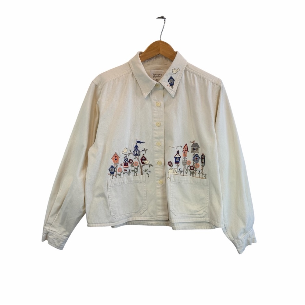 Christopher & Banks Embroidered Birdhouse Jacket Cream Cottagecore Button up XL - Picture 2 of 11